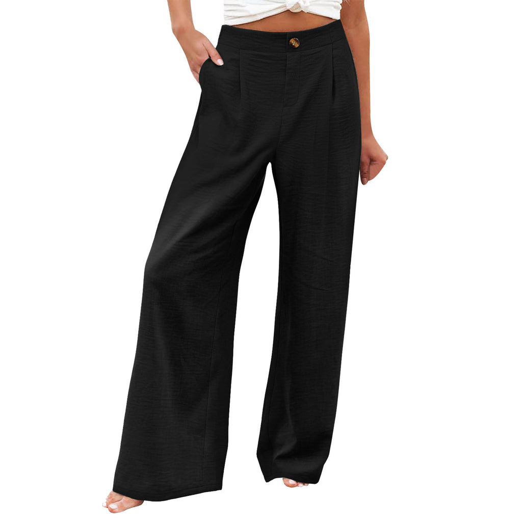 2026 Cross-Border Amazon European and American Summer Comfortable High-Waisted Long Pants with Buttons and Elastic Waist Wide-Leg Pants for Women Casual Straight-Leg Pants