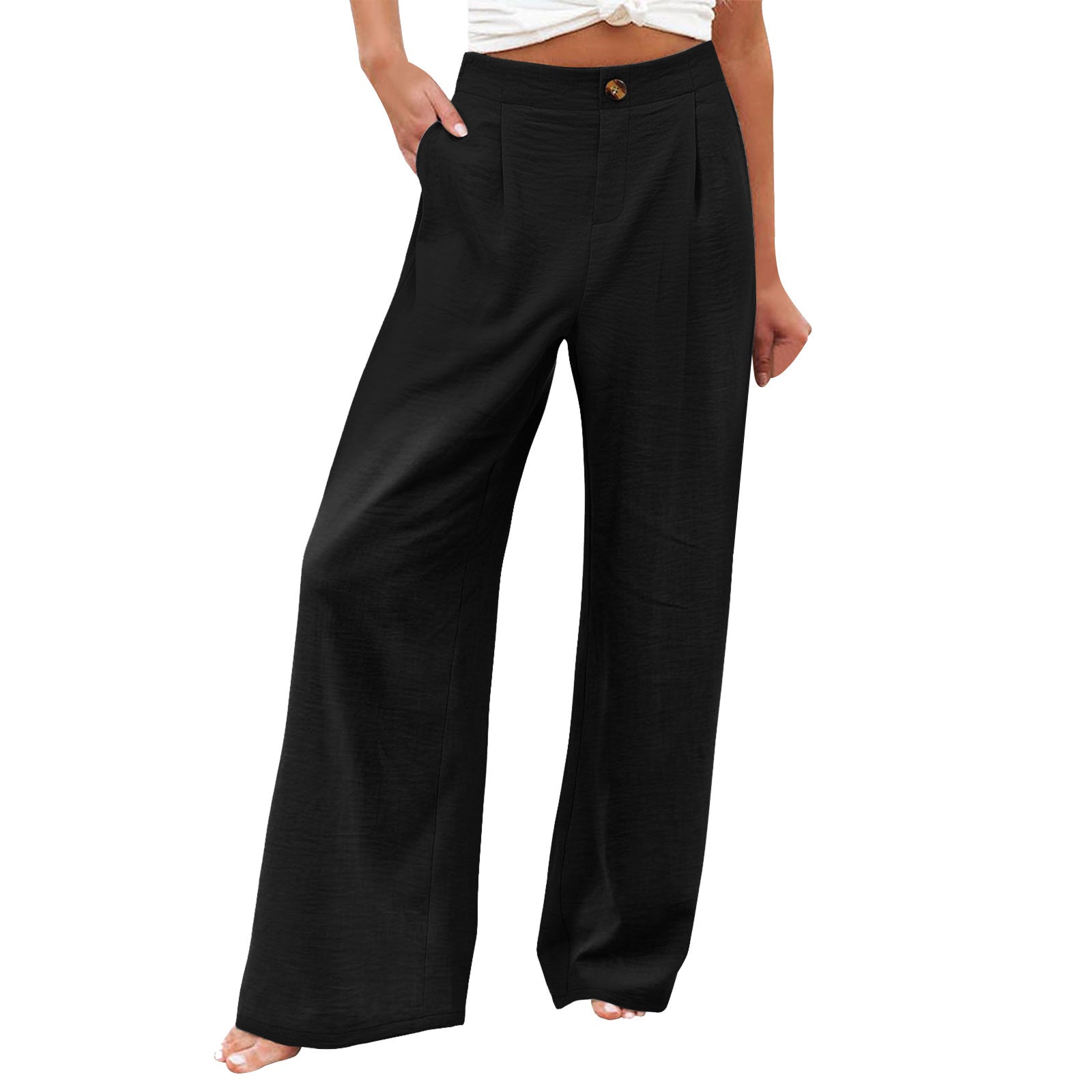 2026 Cross-Border Amazon European and American Summer Comfortable High-Waisted Long Pants with Buttons and Elastic Waist Wide-Leg Pants for Women Casual Straight-Leg Pants