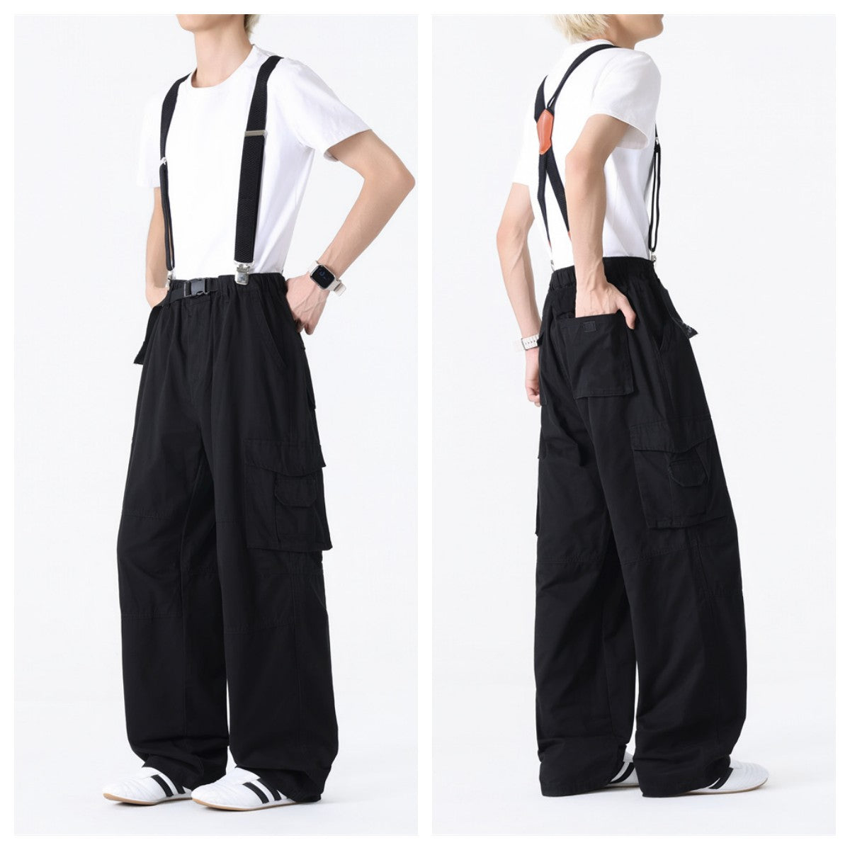 Spring and Autumn Men's Multi-Bag Pants for Chubby Casual Chubby Cotton Overalls with Fat plus size Wide Legs and Loose Waist Loose Long Pants