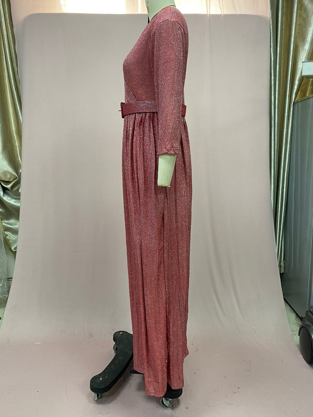 2025 Winter Cross-Border European and American African Women's Fashionable Long-Sleeved Bronzing Pleated Skirt with Belt Glitter Fabric
