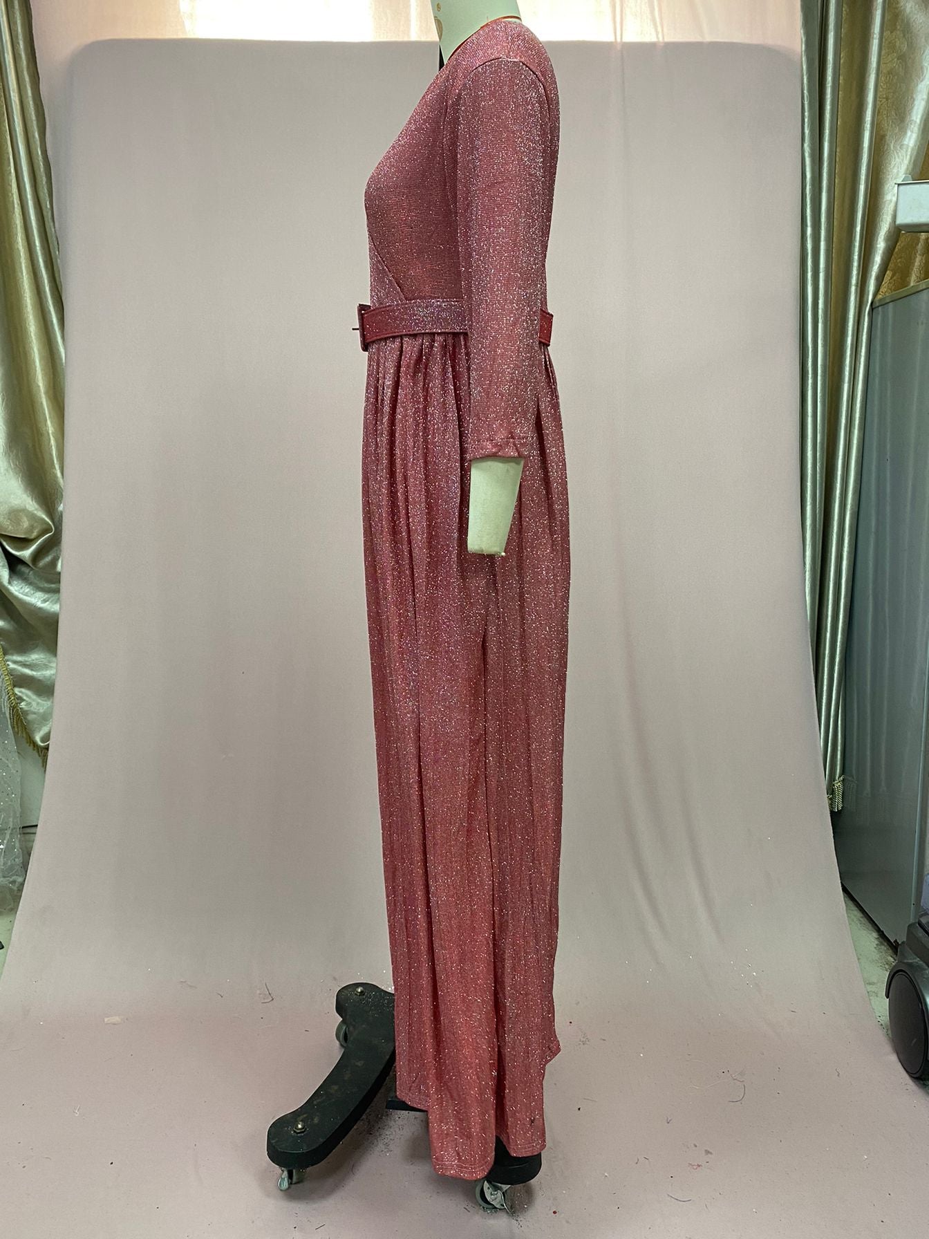 2025 Winter Cross-Border European and American African Women's Fashionable Long-Sleeved Bronzing Pleated Skirt with Belt Glitter Fabric