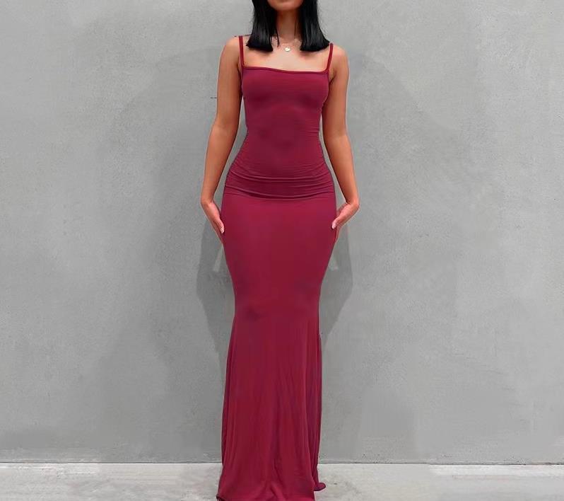 Sling dress European and American Women's High-end Sense Pure Desire Hip Skirt Sexy Slim-fit Milk Silk Long Fishtail Skirt