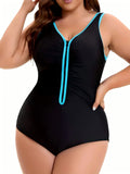 One-Piece Swimsuit, European and American Style, Plus Size, Black and Blue Color-Blocking, Front Zipper, Slimming Swimsuit, Waist-Cinching, Tummy-Covering, for Plus-Size Women, Hot Spring Swimwear