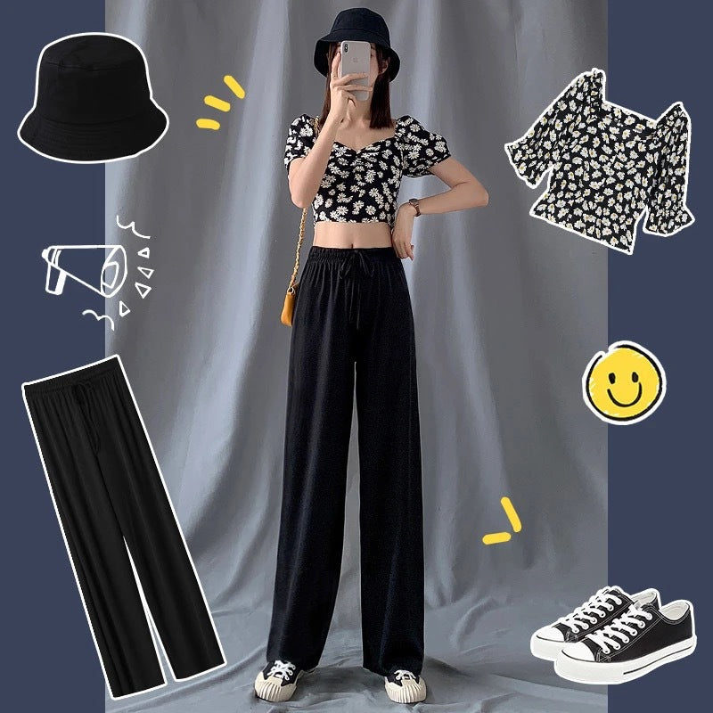 2026 Thin Ice Silk Wide-Leg Pants for Women, Summer Student Korean Style, Drapey Loose Fit, Versatile High-Waisted Elastic Thin Straight-Leg Pants