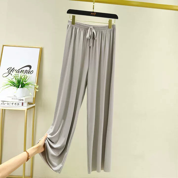 Korean style high waist drawstring lace-up ice silk seamless straight slimming wide-leg pants summer thin draping casual trousers