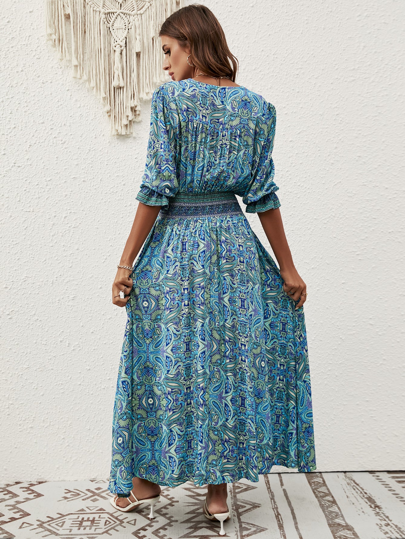 2025 Rayon Positioning Printed Three-Quarter Sleeve Waist Bohemian Women's Dress Vacation Buttoned Beach Skirt
