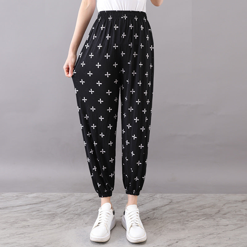 Cross-Border Popular Summer Women's Ice Silk Pants for Middle-Aged and Elderly, Loose Casual Home Pants, Elastic Plus-Size Pants for Square Dancing