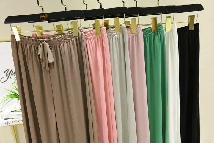 Korean style high waist drawstring lace-up ice silk seamless straight slimming wide-leg pants summer thin draping casual trousers