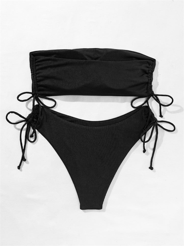 European and American Tube Top Bikini Swimsuit for Women 2024 New Pure Color Sexy Huludao Swimsuit Split Swimsuit High-End