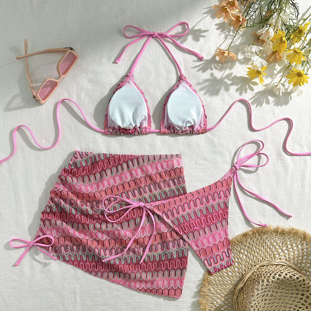 2025 European and American New Embroidered Gradient Sexy Three-Piece Swimsuit Swimsuit Bikini Bikini Cross-Border Export