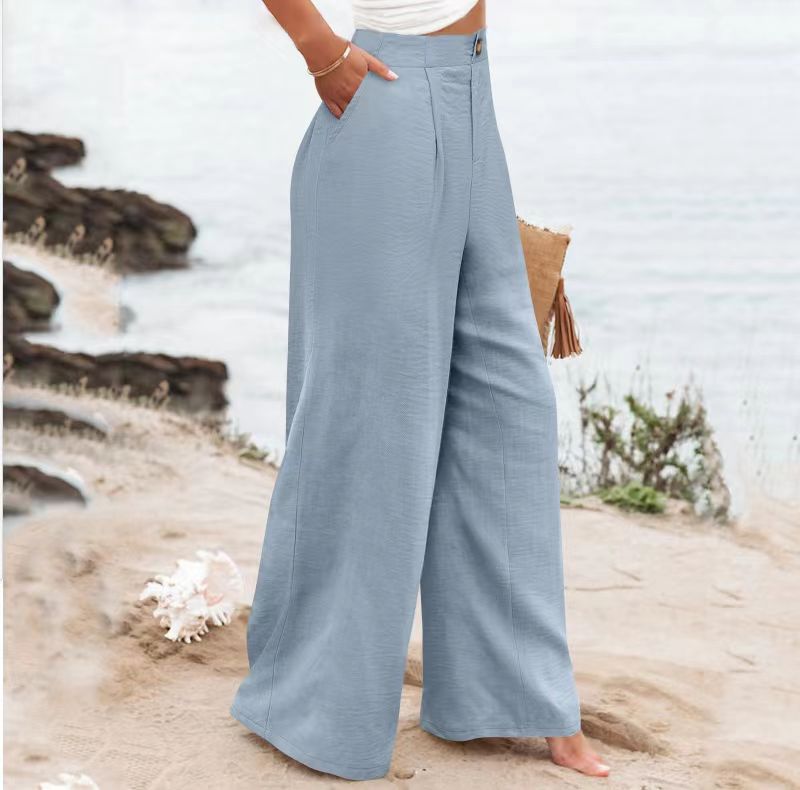 2026 Cross-Border Amazon European and American Summer Comfortable High-Waisted Long Pants with Buttons and Elastic Waist Wide-Leg Pants for Women Casual Straight-Leg Pants
