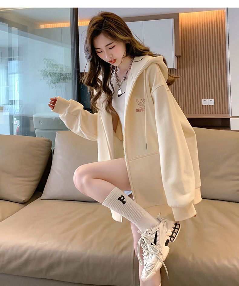 Embroidered Pattern Hooded Sweatshirt Girls' Cardigan Jacket 2026 Spring, Autumn and Winter New Style Lazy Style Loose Long-Sleeved Top