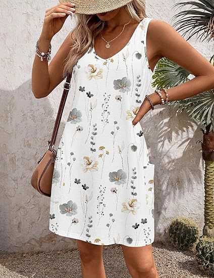2024 summer casual vest V-neck loose dress with pockets summer bohemian beach dress floral T-shirt with pockets