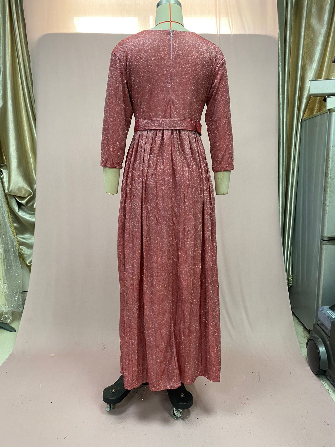 2025 Winter Cross-Border European and American African Women's Fashionable Long-Sleeved Bronzing Pleated Skirt with Belt Glitter Fabric