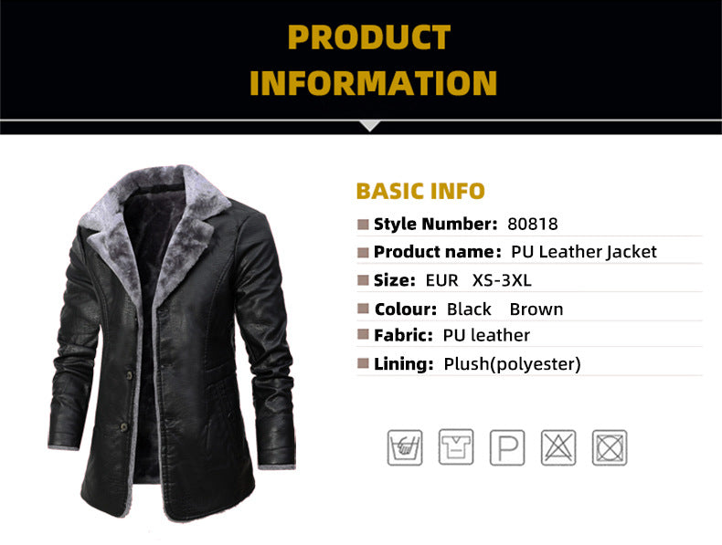 Men's Mid-Length Leather Jacket for Middle-Aged and Elderly People in Autumn and Winter Business European Size Plus Velvet Large Lapel Suit Leather Plush Jacket for Men