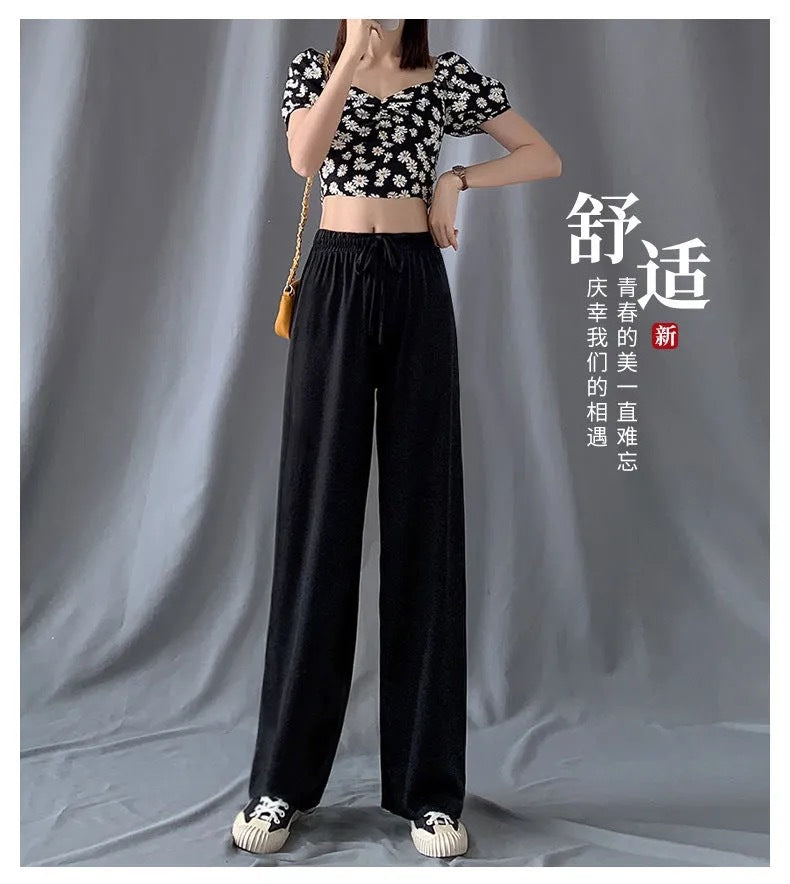2026 Thin Ice Silk Wide-Leg Pants for Women, Summer Student Korean Style, Drapey Loose Fit, Versatile High-Waisted Elastic Thin Straight-Leg Pants