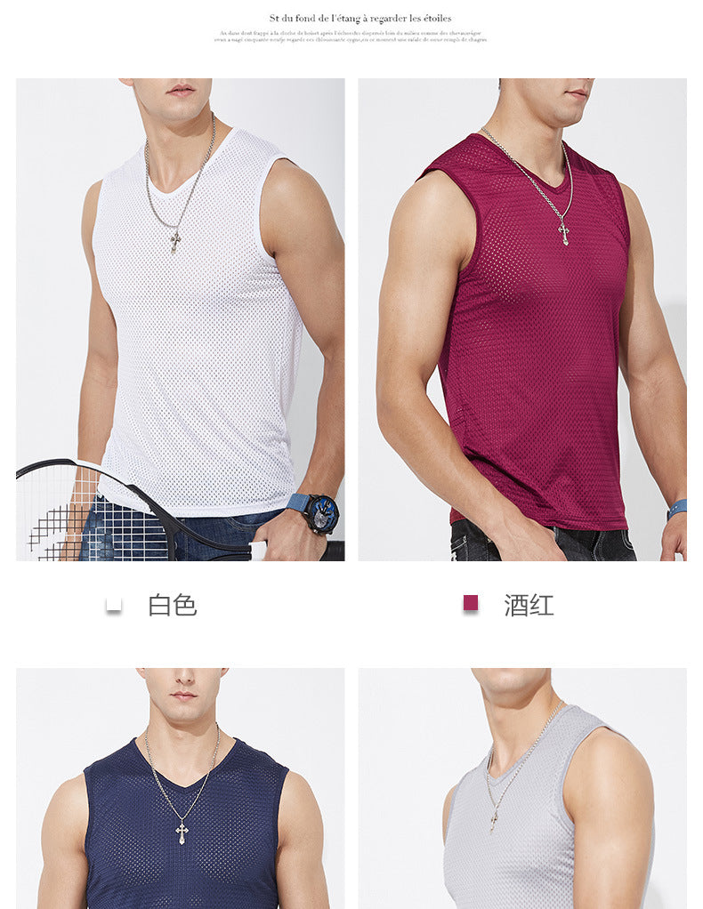 Summer ice silk mesh vest men's sports fitness quick-drying hollow undershirt wide shoulder waistcoat sleeveless T-shirt wholesale