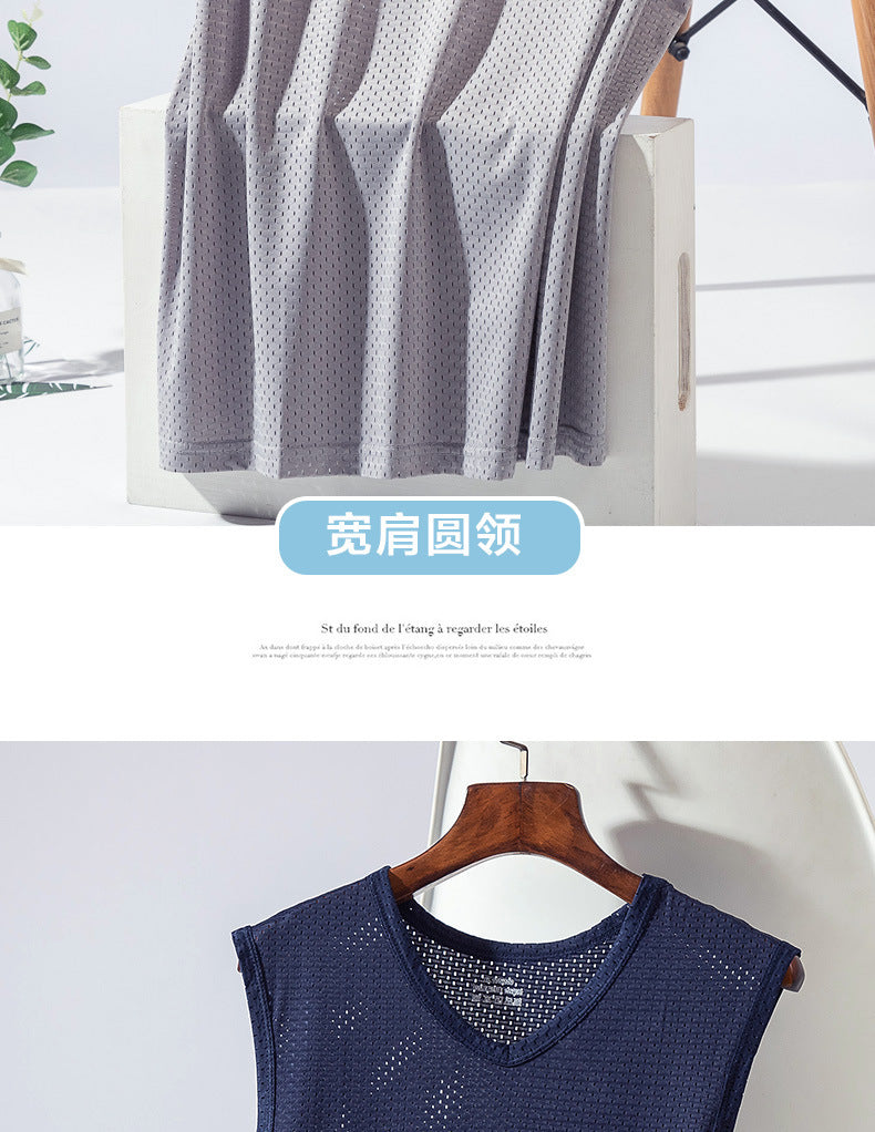 Summer ice silk mesh vest men's sports fitness quick-drying hollow undershirt wide shoulder waistcoat sleeveless T-shirt wholesale