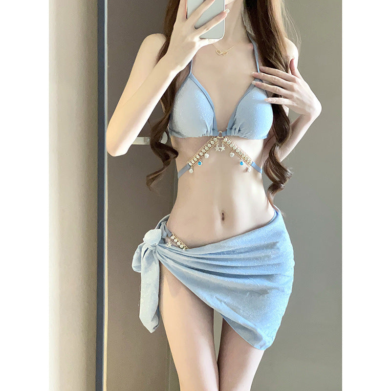 Swimsuit Female Mermaid Diamond Chain European and American Pure Lust Style Strap Triangle Bikini Three-Point Ins Sexy Vacation Swimsuit