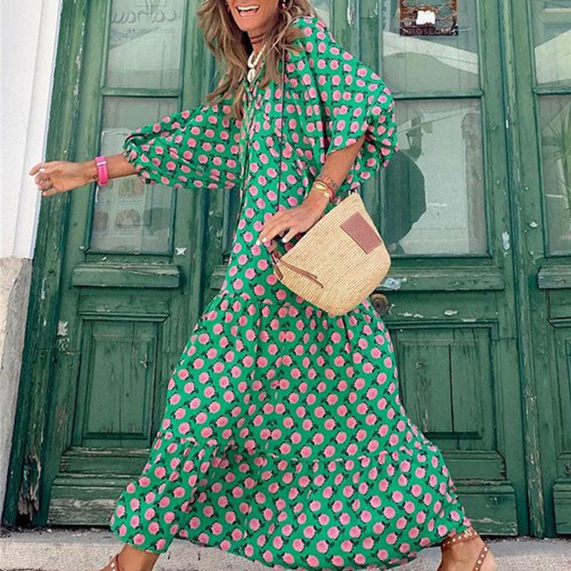 European and American Plus-Size Women's Loose-Fitting Bohemian Round-Neck Lantern-Sleeve Sweet Girl Dress Wholesale from Source Factory