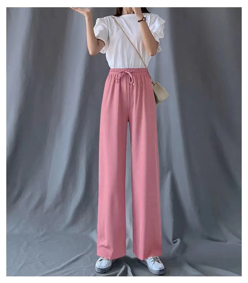 2026 Thin Ice Silk Wide-Leg Pants for Women, Summer Student Korean Style, Drapey Loose Fit, Versatile High-Waisted Elastic Thin Straight-Leg Pants