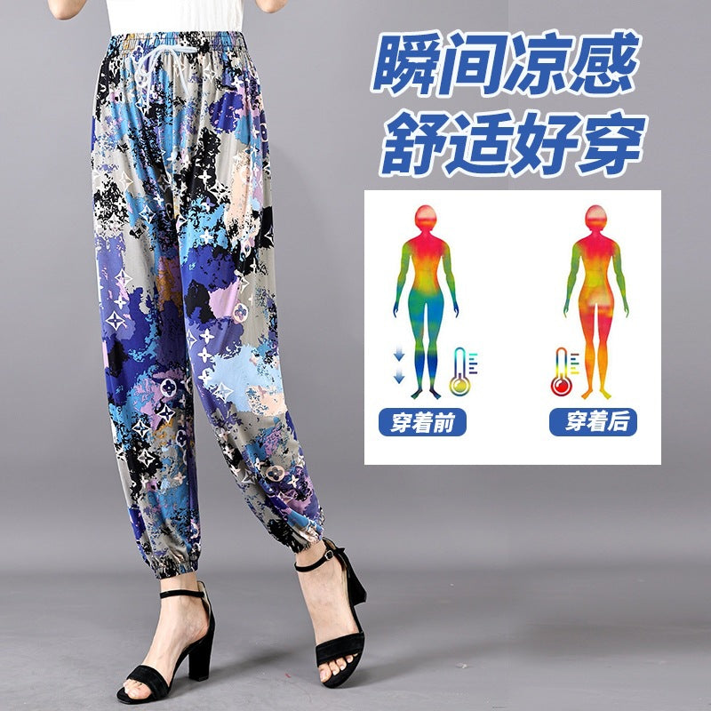 Cross-Border Popular Summer Women's Ice Silk Pants for Middle-Aged and Elderly, Loose Casual Home Pants, Elastic Plus-Size Pants for Square Dancing