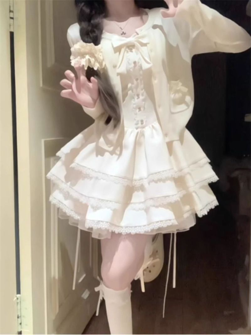 Early Spring Outfit for Petite Women: Pure and Desirable Style, High-End Cardigan Jacket, Puffy Cake Dress Two-Piece Set