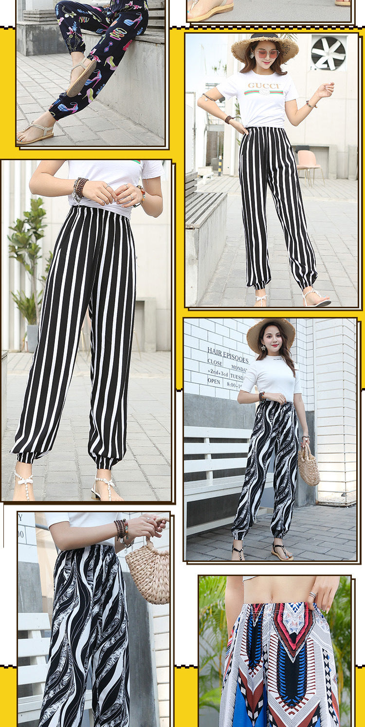 New Beach Pants for Women, Summer Cotton Silk Casual Pants, Thin Pajamas, Ethnic Style Anti-Mosquito Pants, Women's Home Bloomers