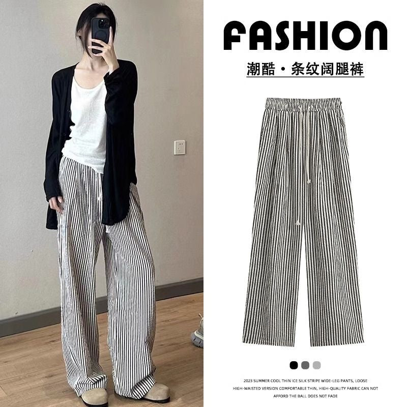 Foreign Trade Bag-free Trendy Black and White Vertical Stripe Wide-leg Pants Women's Summer Thin Vertical Straight Pants All-match Slimming Casual