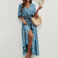 2025 Rayon Positioning Printed Three-Quarter Sleeve Waist Bohemian Women's Dress Vacation Buttoned Beach Skirt