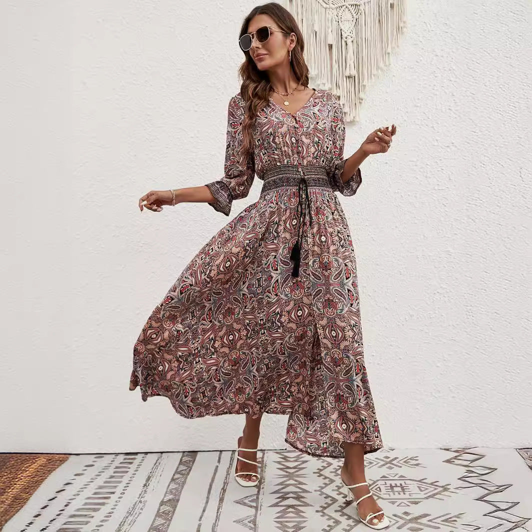 2025 Rayon Positioning Printed Three-Quarter Sleeve Waist Bohemian Women's Dress Vacation Buttoned Beach Skirt