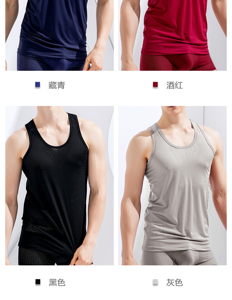 Summer ice silk mesh vest men's sports fitness quick-drying hollow undershirt wide shoulder waistcoat sleeveless T-shirt wholesale