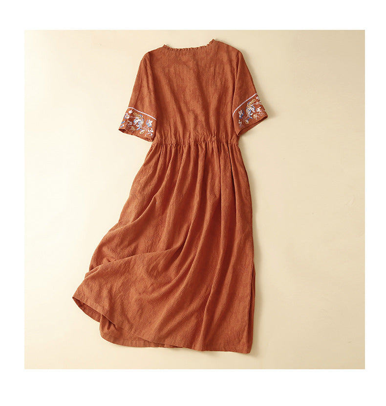 Ethnic Style Cotton and Linen Embroidered Dress Women's 2023 Summer Long Loose Style Lace Collar Short-Sleeved Over-the-Knee Long Dress