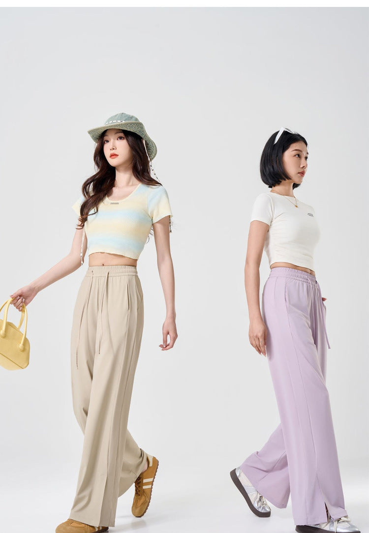 Summer Sunscreen Cool Ice Silk Wide Leg Pants Women's Lightweight Breathable Lazy Style Casual All-match Loose Slimming Straight Leg Pants