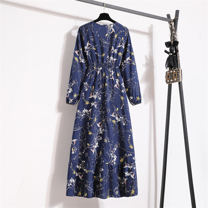 Cross-border Foreign Trade Floral Chiffon Long Dress Women's Spring Dress Long Sleeve Crewneck Base Skirt Waist Slim Long Dress
