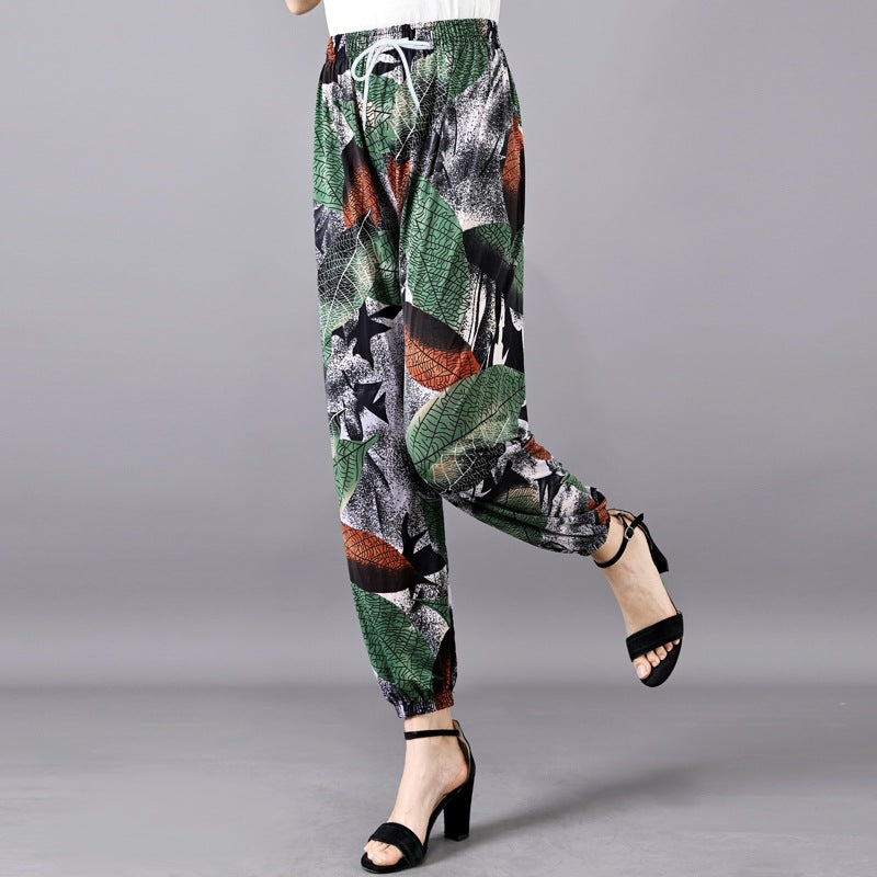 Cross-Border Popular Summer Women's Ice Silk Pants for Middle-Aged and Elderly, Loose Casual Home Pants, Elastic Plus-Size Pants for Square Dancing