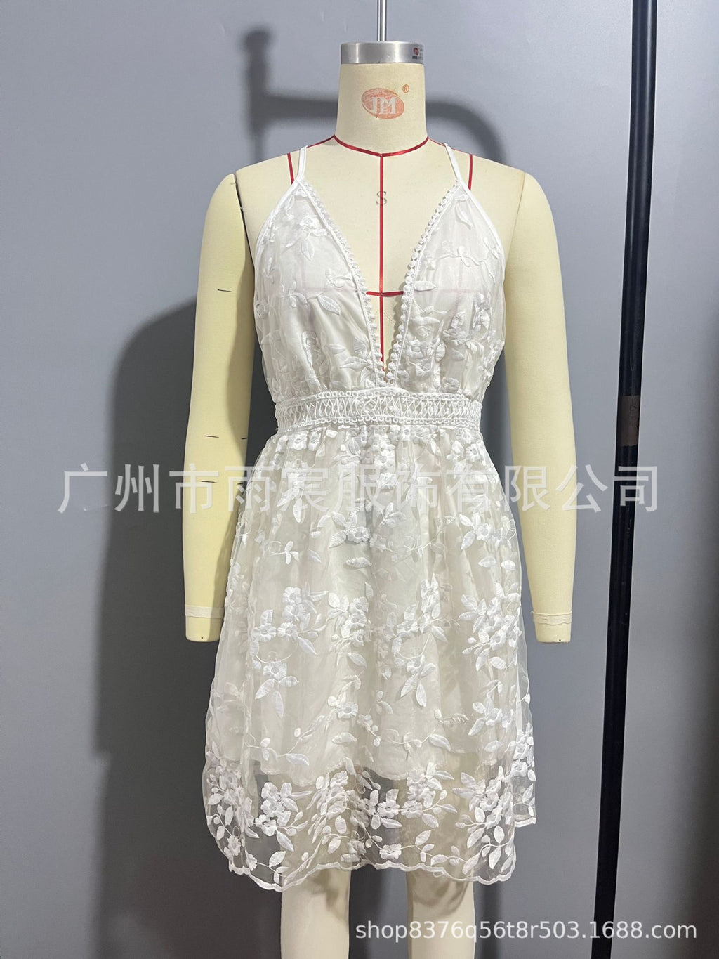 Cross-Border 2023 Summer New European and American Sexy Deep V Neck Backless Suspender Dress Amazon Lace Beach Dress