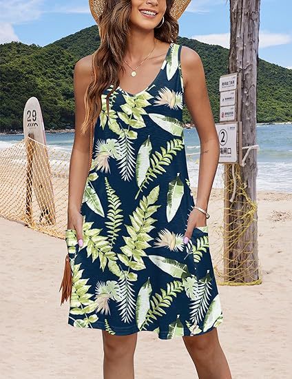 2024 summer casual vest V-neck loose dress with pockets summer bohemian beach dress floral T-shirt with pockets