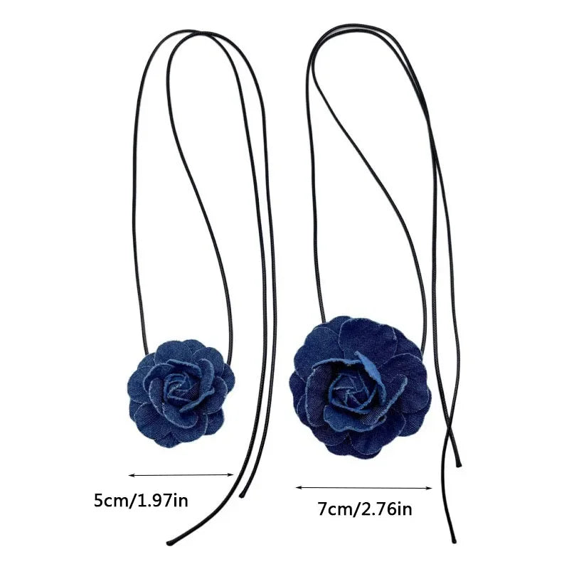 Trend Choker Flower Rose Pendant Collarbone Chain Women Jeans Cloth Necklace Temperament Adjustable Wax Rope Y2K Denim Necklace