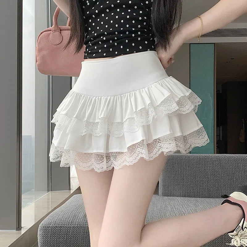 A-Line Lace Mini Skirt - High Waist Ruffle Cotton Blend Cake Skirt