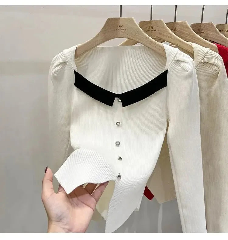 Women's Knitted Short Sweater Square Collar Base Shirt Color Collision Design Sensation Autumn Winter Special Edition Top