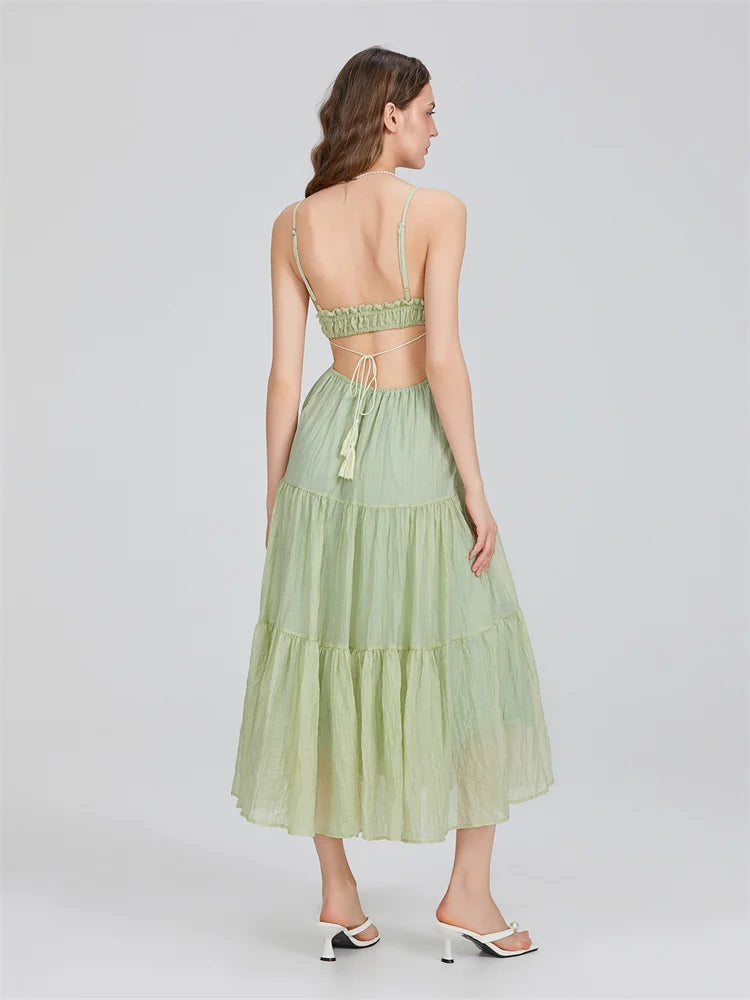2024 Summer Women Flowy Long Dress Spaghetti Strap Cut Out Backless Ruffle A-line Dress Bohemian Party Holiday Casual Sundress