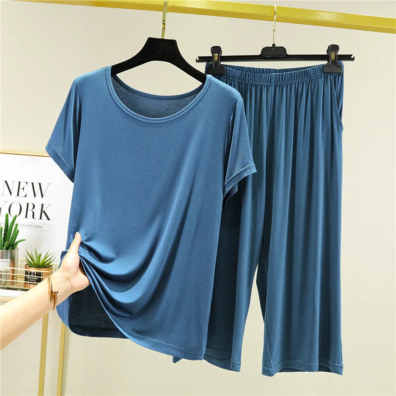 Summer Lightweight Modal Sleepwear Casual Loose Short Sleeve T-Shirt Women's Seven-Piece Pants Outdoor Large Size Leisure Set