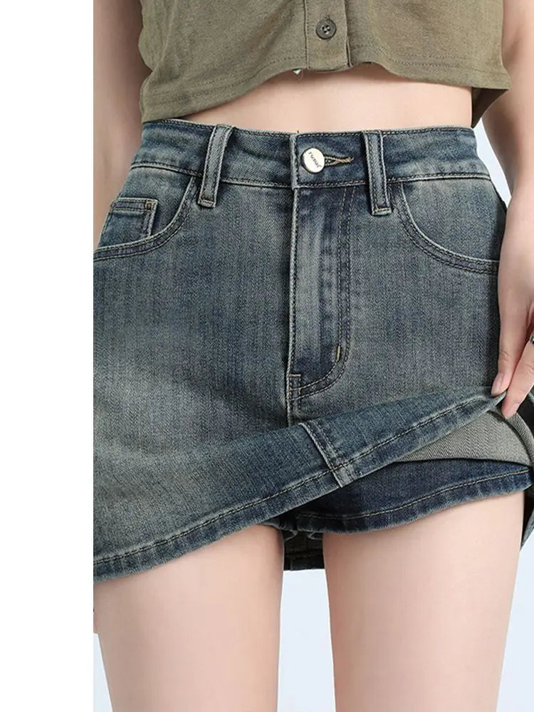 High Waist A-Line Mini Skirt Retro Spicy Girl Denim Women's Summer Slimming Anti-Light Half-length Skirt Street Style Trendy