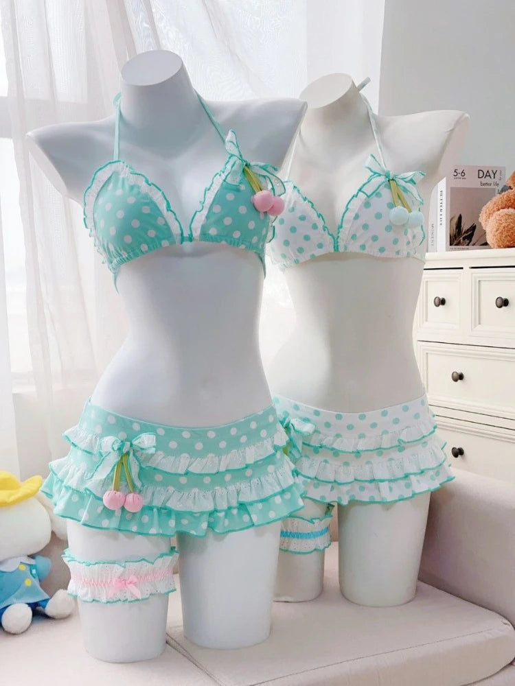 Women Y2k Sweet Bikini Set Japanese Kawaii Print Ruffles Lolita Swimsuit Crop Top + Skirt Two Piece Swimwear Beach Wear