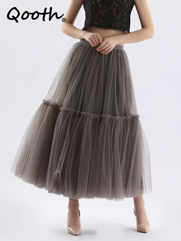 Qooth Women 90cm Party Tulle Ball Gown Mesh Skirt Banquet Wedding Faldas Mujer Elastic Waist Bow Tie Belt Tutu Skirt QT2181