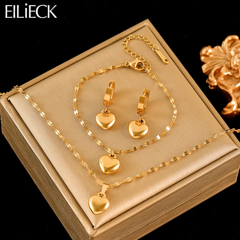 Eilieck 316L Stainless Steel Heart Love Necklace Bracelets Earrings Set For Women'S New Trendy 18K Gold Plated Waterproof Jewelry