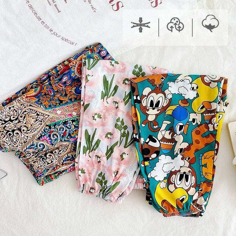 Children's Unisex Ice Silk Casual Pants - Cartoon Print Summer Home