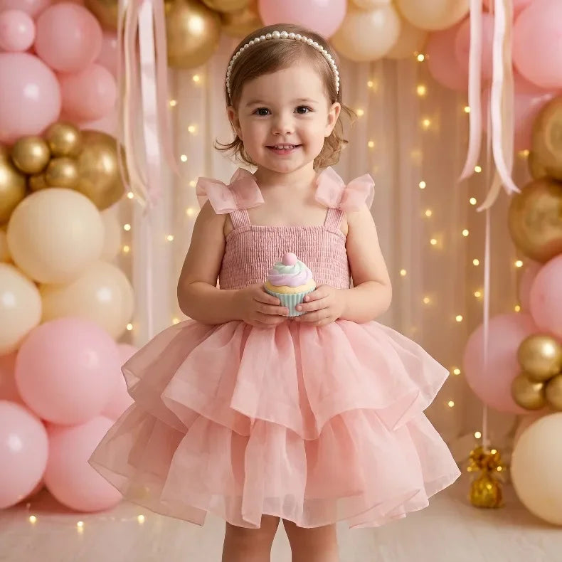 2026summer Fashion Baby Girl Princess Tutu Dress Bowknot Sleeve Child Tulle Vestido Pageant Party Birthday Baby Clothes 0-10Ynew