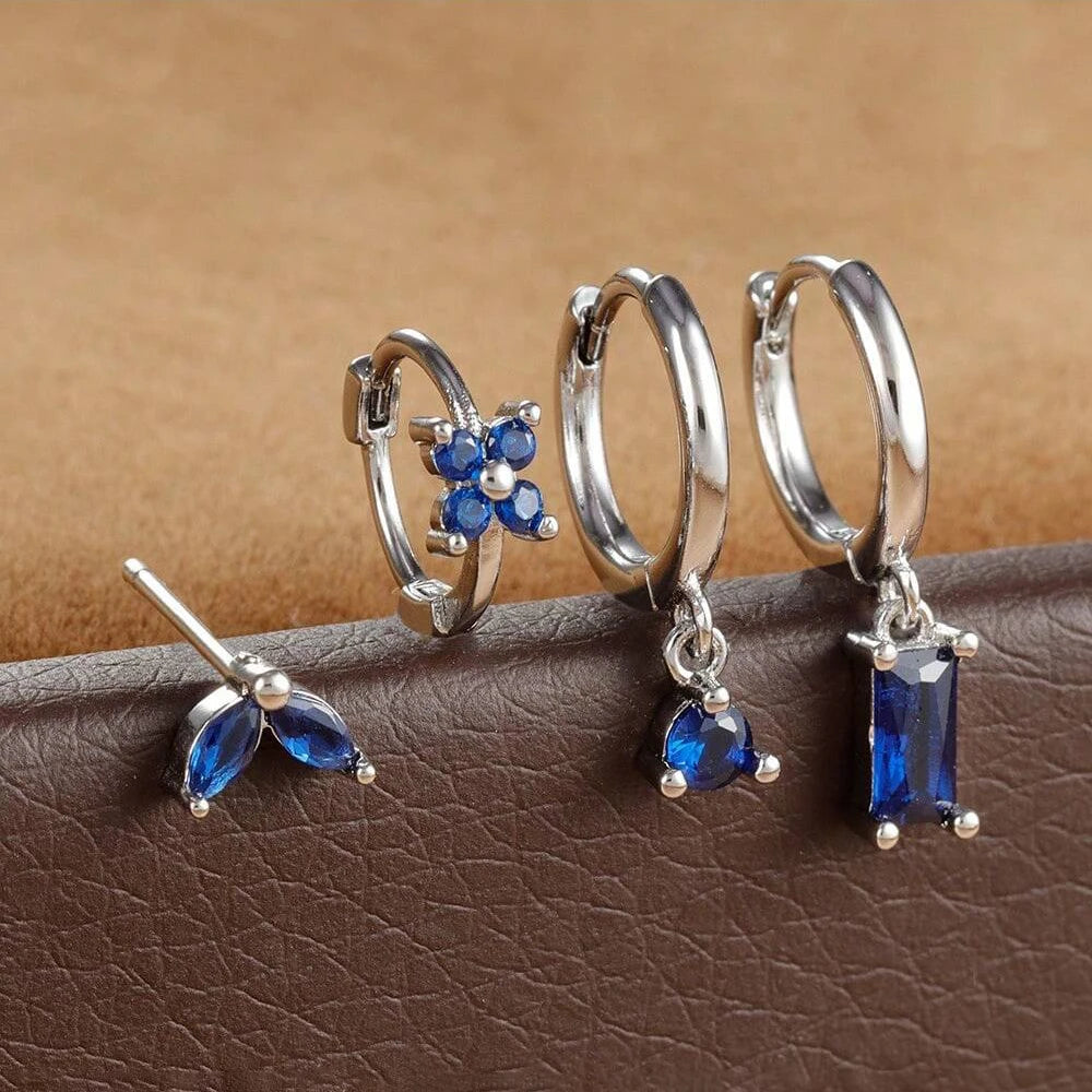 Cubic Zirconia Flower Hoop Earrings 4 Piece Set 18K Gold Plated Stainless Steel For Women